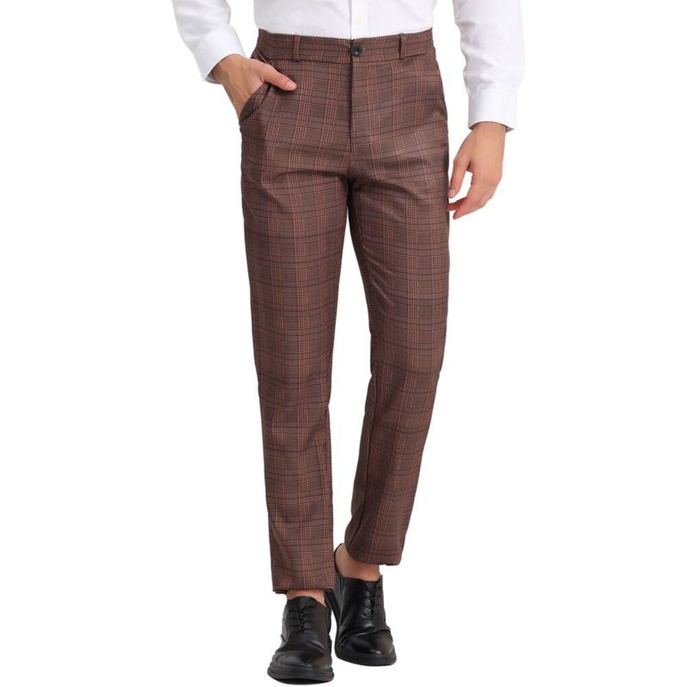 Plaid Dress Pants Classic Fit Formal Plaid Slacks Prom Brown Checked Trousers